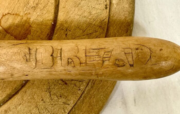 rustic antique round wooden bread board and hand carved bread knife from england circa 1875 9188