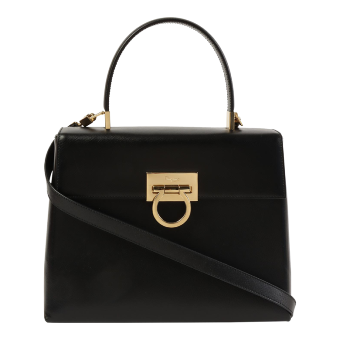 salvatore ferragamo saffiano gancini plate 2way bag black 5923