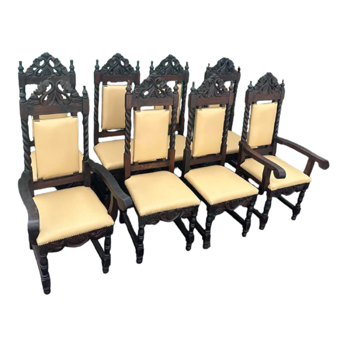 set of 8 spanish colonial style chairs with new leather upholstery made in mexico vintage mid 20th century 7015