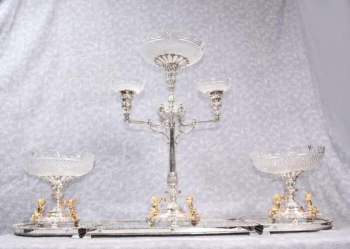 silver plate and glass epergne tray 1