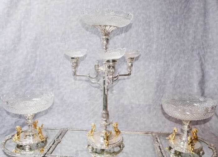 silver plate and glass epergne tray 6