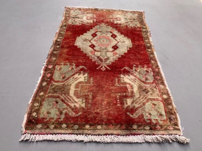 small vintage turkish red beige wool rug 3