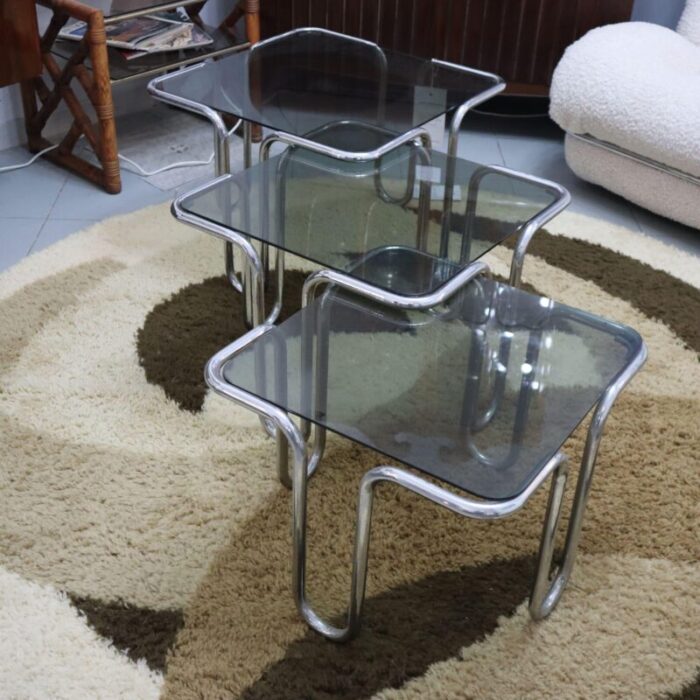 smoked glass chrome coffee tables 1970s set of 3 5667