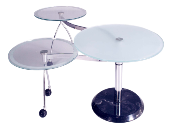 space age round coffee table with two rotating satellites in crystal chromed marble 1970s 2156