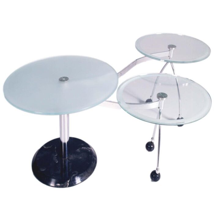 space age round coffee table with two rotating satellites in crystal chromed marble 1970s 5700