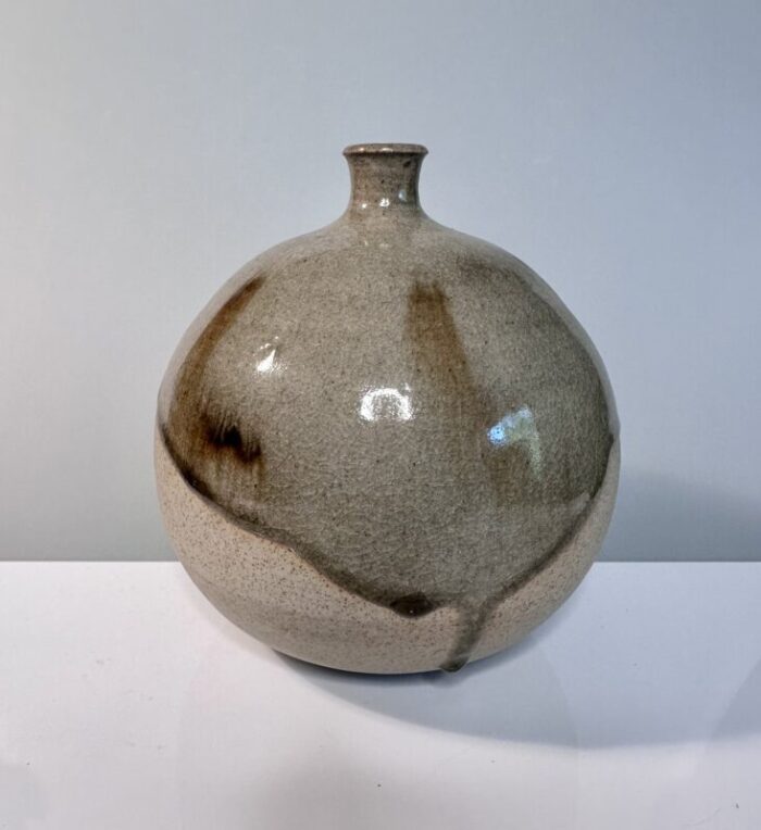 studio ceramic sphere earthenware vase with half glaze germany 1960s 1147