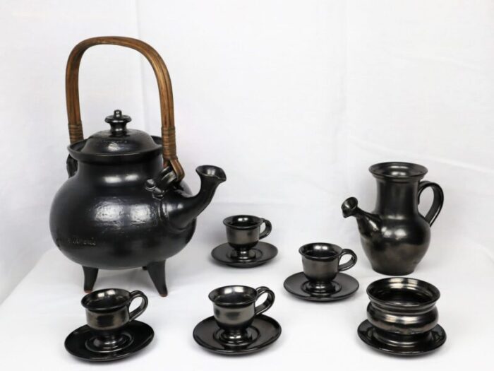 tea service in black ceramic by jean marais 1980 set of 7 1