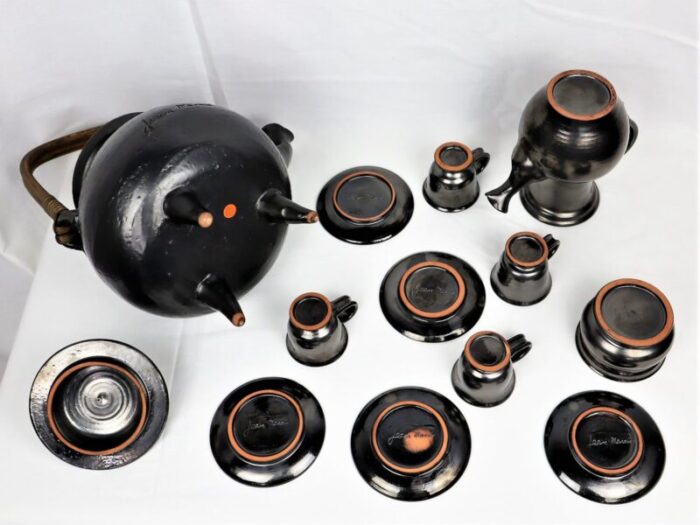 tea service in black ceramic by jean marais 1980 set of 7 12