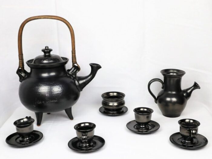 tea service in black ceramic by jean marais 1980 set of 7 2