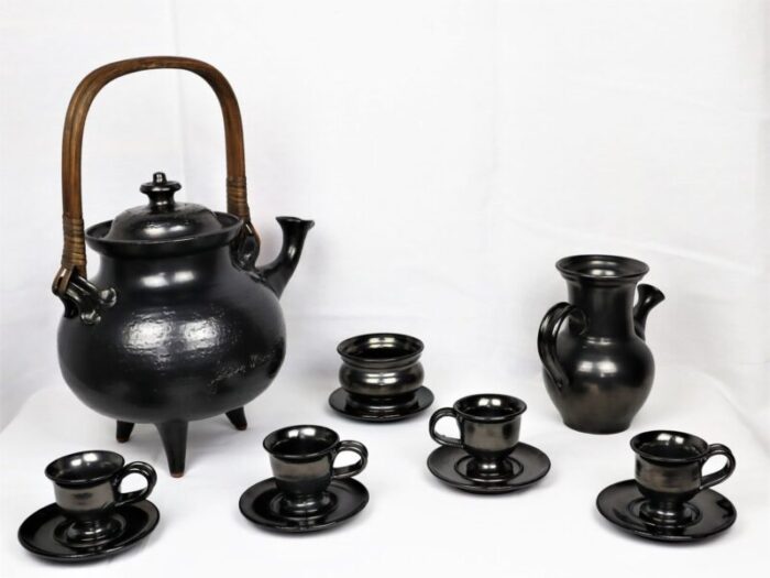 tea service in black ceramic by jean marais 1980 set of 7 3