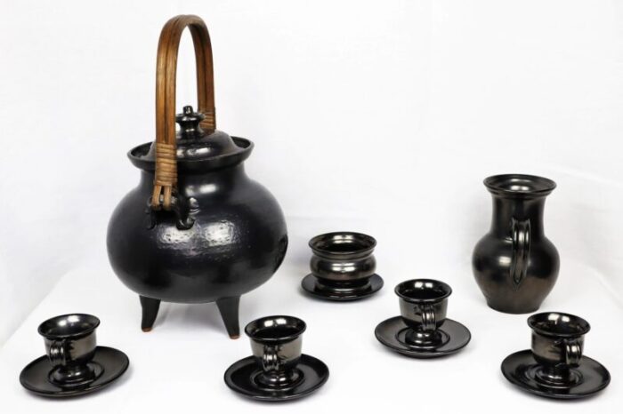 tea service in black ceramic by jean marais 1980 set of 7 4