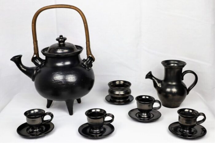 tea service in black ceramic by jean marais 1980 set of 7 5