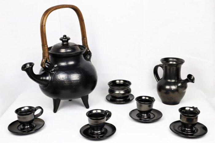 tea service in black ceramic by jean marais 1980 set of 7 6