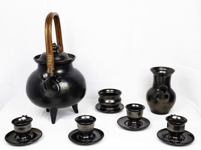 tea service in black ceramic by jean marais 1980 set of 7 7