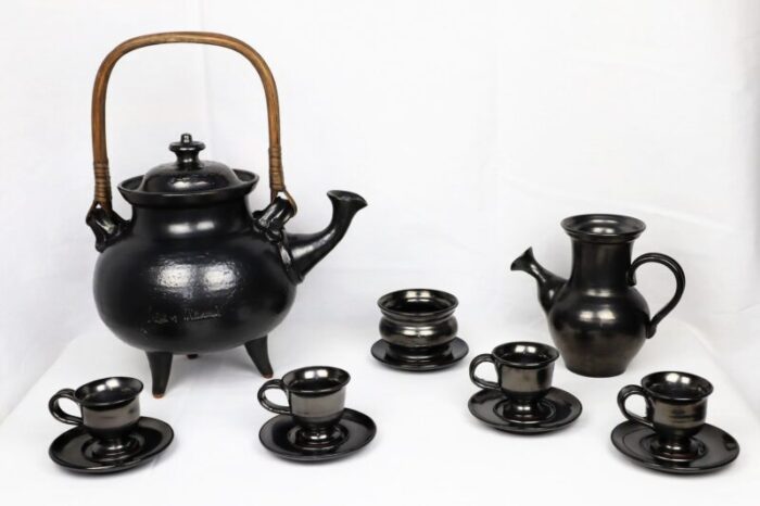 tea service in black ceramic by jean marais 1980 set of 7 8