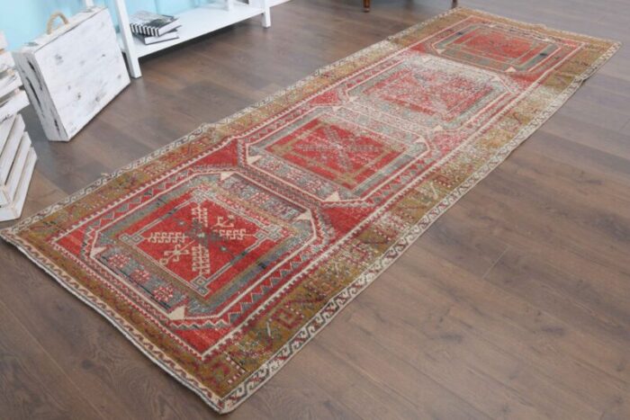 turkish distressed red beige and brown runner rug 3