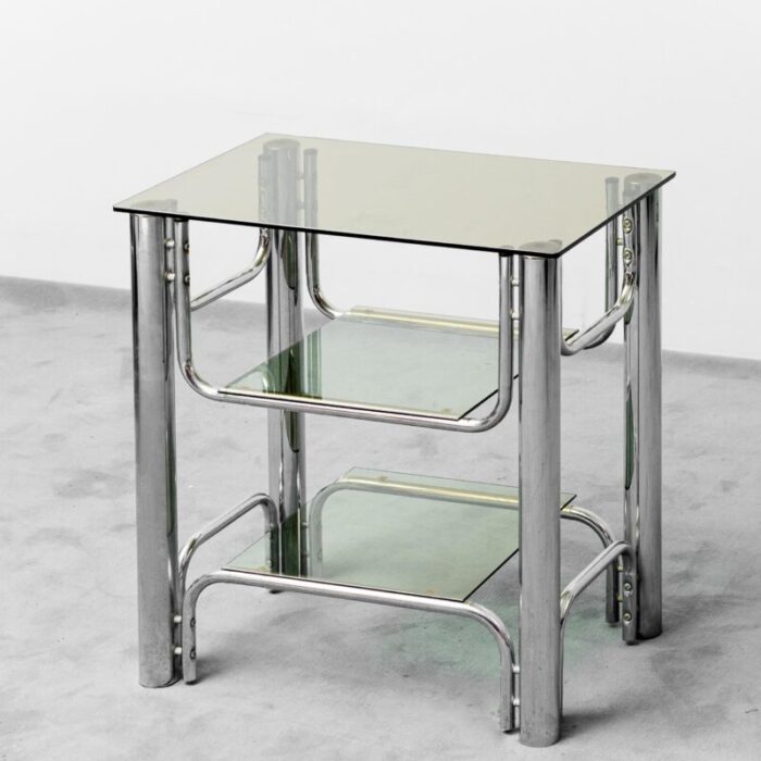 tv stand table in glass and chromed metal 1970s 0162