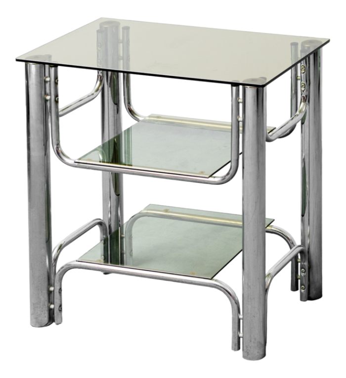 tv stand table in glass and chromed metal 1970s 9476