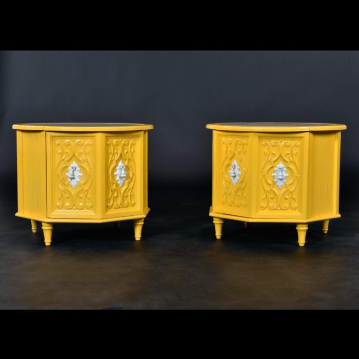 vintage 1970s yellow and white round travertine top side tables with storage 0649