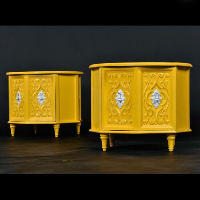 vintage 1970s yellow and white round travertine top side tables with storage 1001