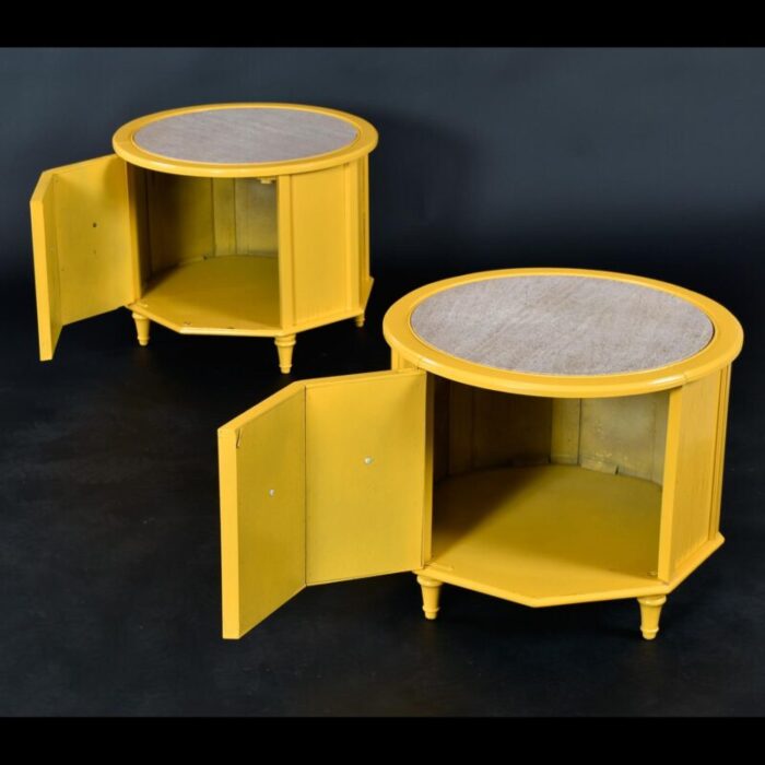 vintage 1970s yellow and white round travertine top side tables with storage 3224