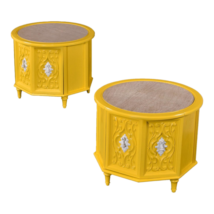 vintage 1970s yellow and white round travertine top side tables with storage 7559