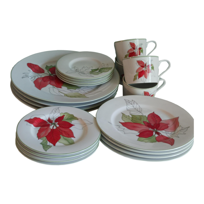 vintage 1982 christmas holiday 20 piece dinner set for 4 poinsettia by block portugal 2241