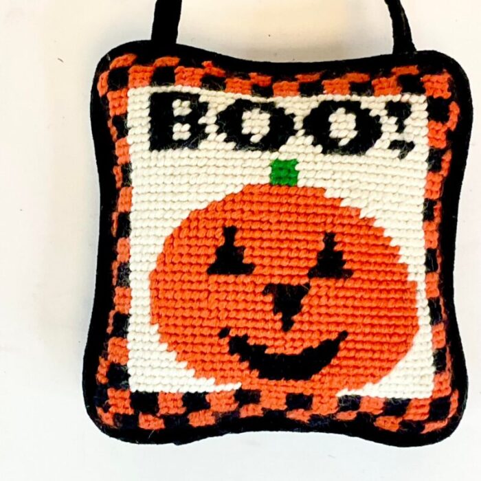 vintage americana boho chic halloween needlepoint boo pumpkin door knob hanger 7141