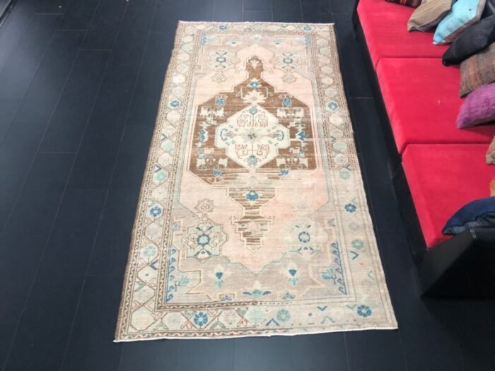 vintage anatolian antique faded oushak rug 1