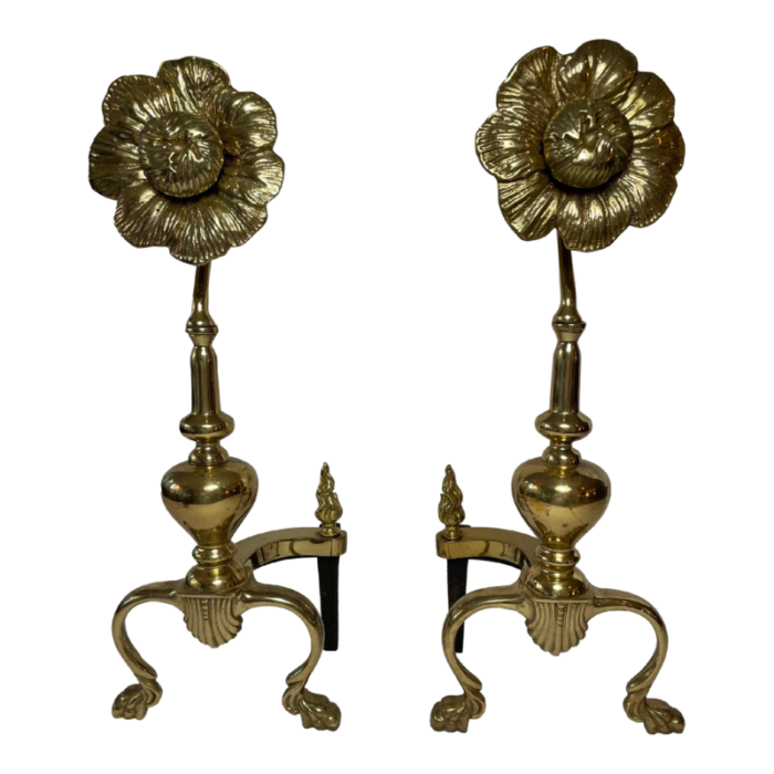 vintage brass flower andirons a pair 4916