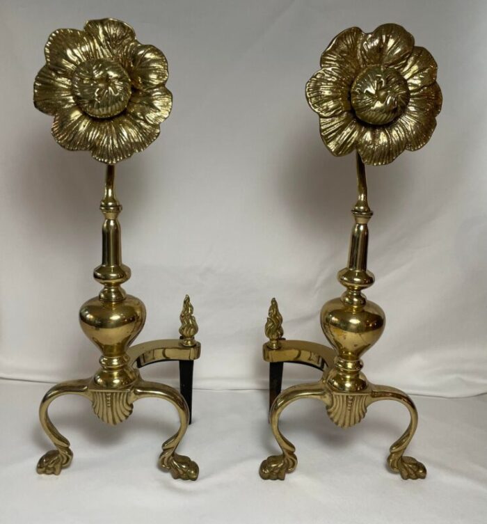 vintage brass flower andirons a pair 6609