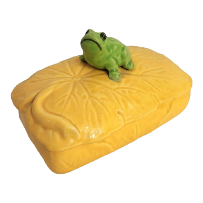 vintage bright yellow green small frog lilly pad fitz and floyd style trinket ceramic box 2966