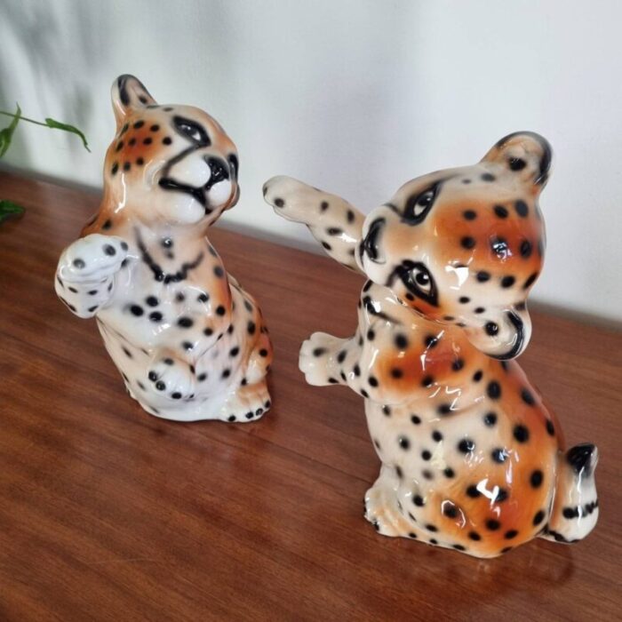 vintage ceramic cheetah cubs italy 1972 set of 2 5