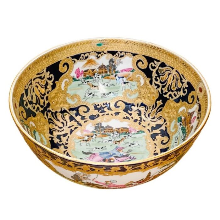 vintage chinese export hunting scene punch bowl 0704