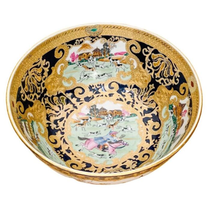 vintage chinese export hunting scene punch bowl 5364