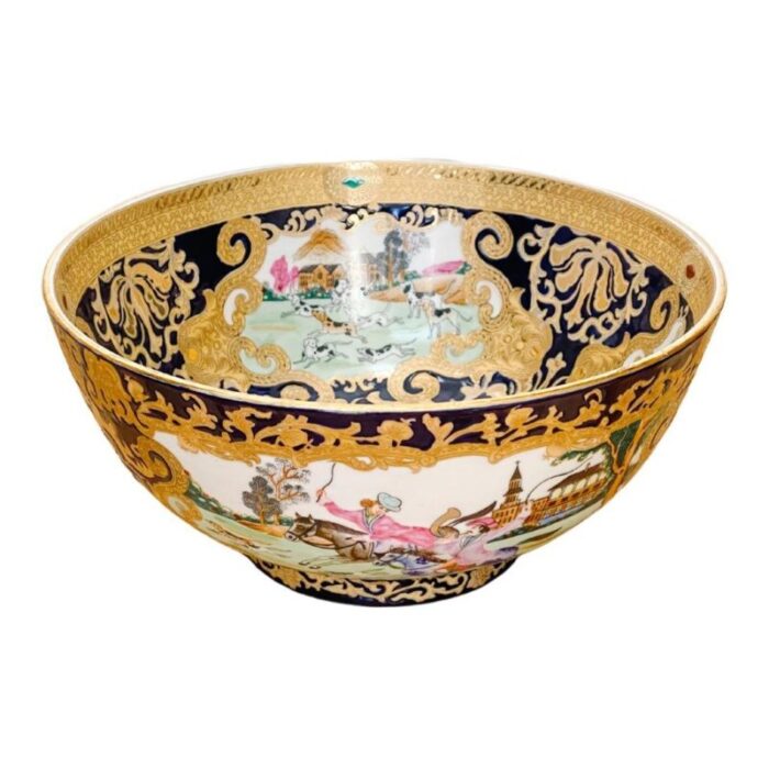 vintage chinese export hunting scene punch bowl 7689