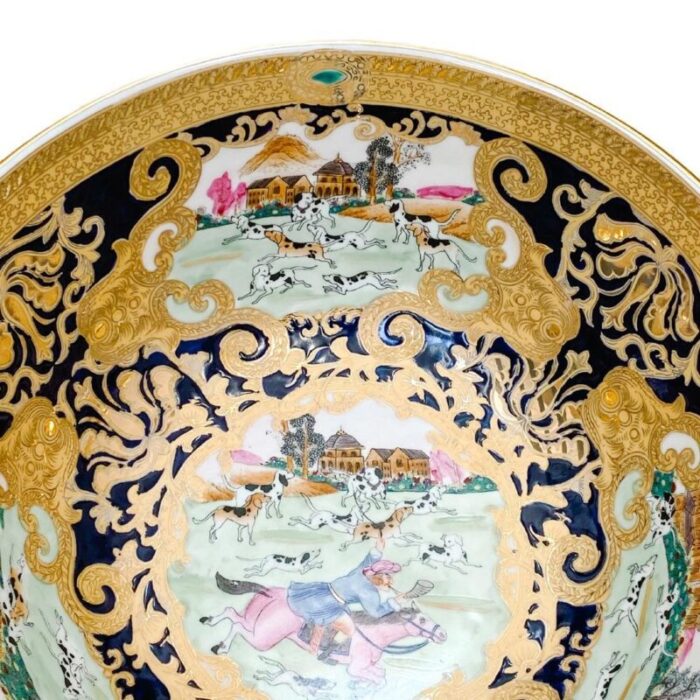 vintage chinese export hunting scene punch bowl 8279