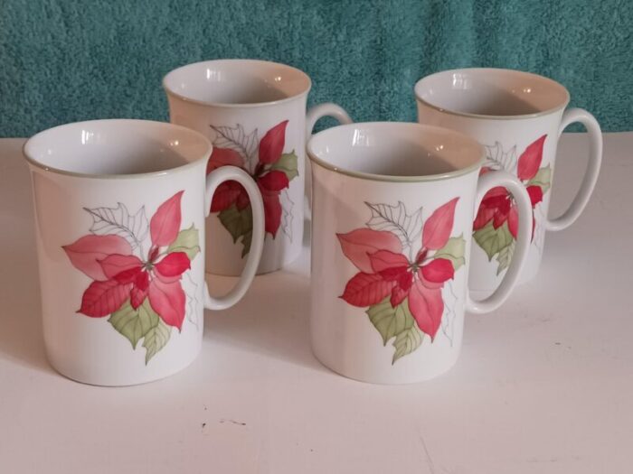 vintage christmas holiday poinsettia hot chocolate mugs by block set of 4 portugal 1982 7842