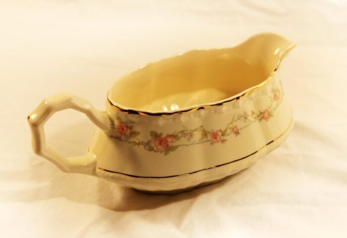 vintage crooksville pink rose gravy boat and matching bowl 9470