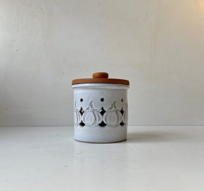 vintage danish garlic jar in cherry white glazed ceramic 1970s 1