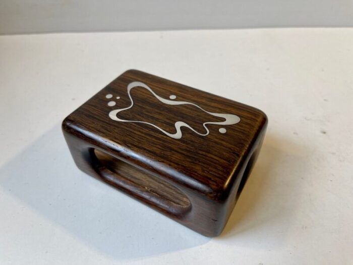 vintage danish rosewood matchbox holder with abstract silver inlays by axel salomonsen 1960s 1