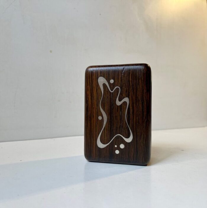 vintage danish rosewood matchbox holder with abstract silver inlays by axel salomonsen 1960s 2