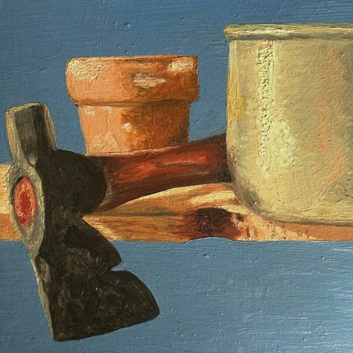 vintage expressionist still life with axe pot and planter signed acrylic on canvas framed 4706