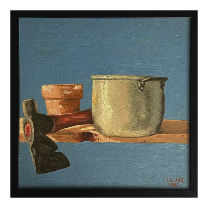 vintage expressionist still life with axe pot and planter signed acrylic on canvas framed 4814