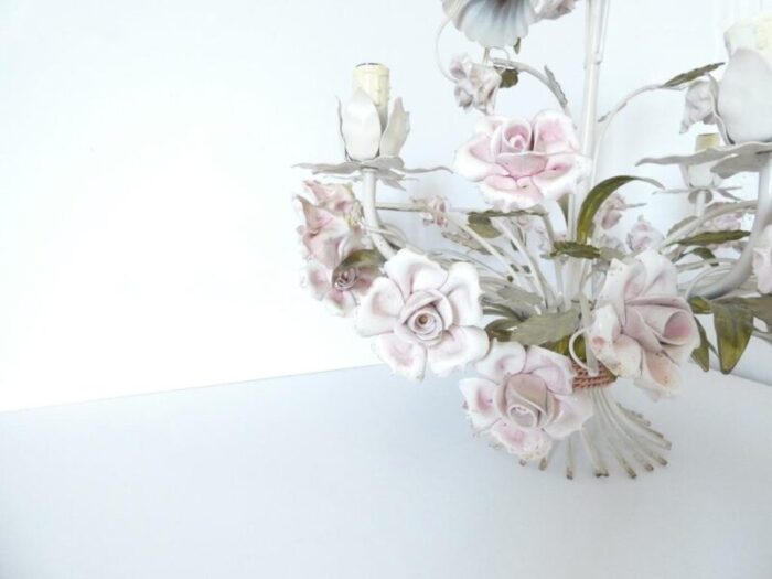 vintage french tole chandelier with porcelain roses 0487