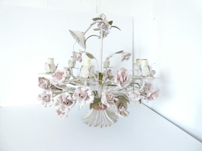 vintage french tole chandelier with porcelain roses 2583