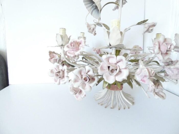 vintage french tole chandelier with porcelain roses 4514