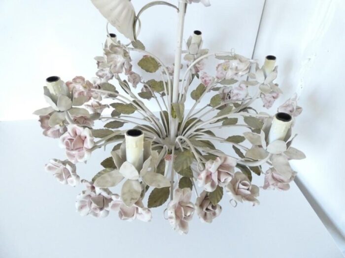 vintage french tole chandelier with porcelain roses 6178