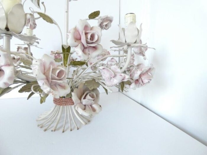 vintage french tole chandelier with porcelain roses 6246