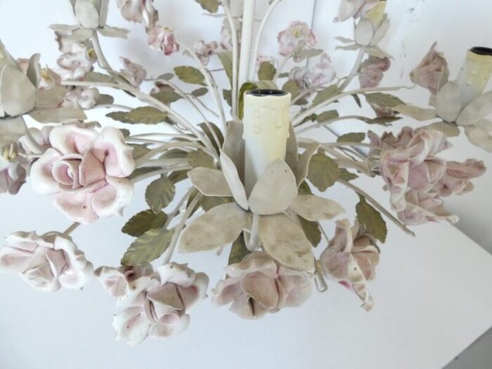 vintage french tole chandelier with porcelain roses 7370